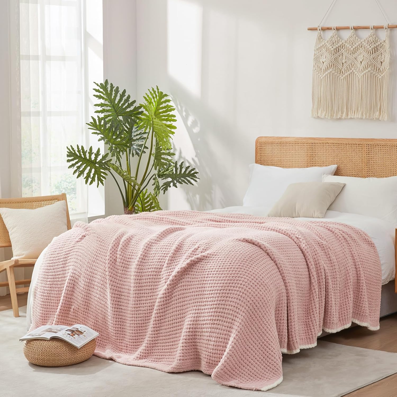 Snuggle Sac Pink Waffle Bedding Blankets Queen Size 90x90 inches, Reversible Microfiber Fluffy