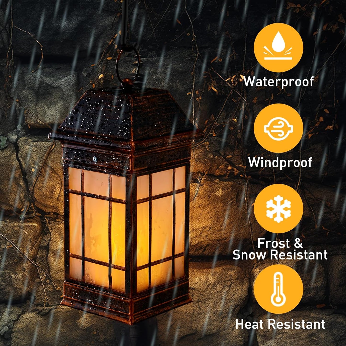 14" Solar Lantern Outdoor Waterproof, Glass Flickering Flame Solar Lanterns, Hanging Metal Lantern
