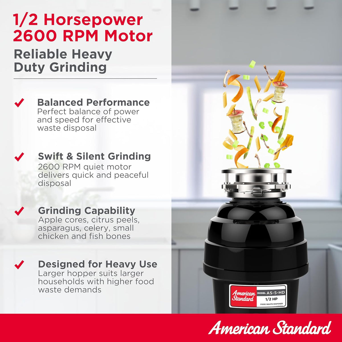 American Standard 10-US-AS-5-HD Garbage Disposal Anti-Jam Stainless Steel Food Waste Grinding