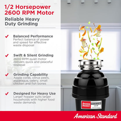 American Standard 10-US-AS-5-HD Garbage Disposal Anti-Jam Stainless Steel Food Waste Grinding