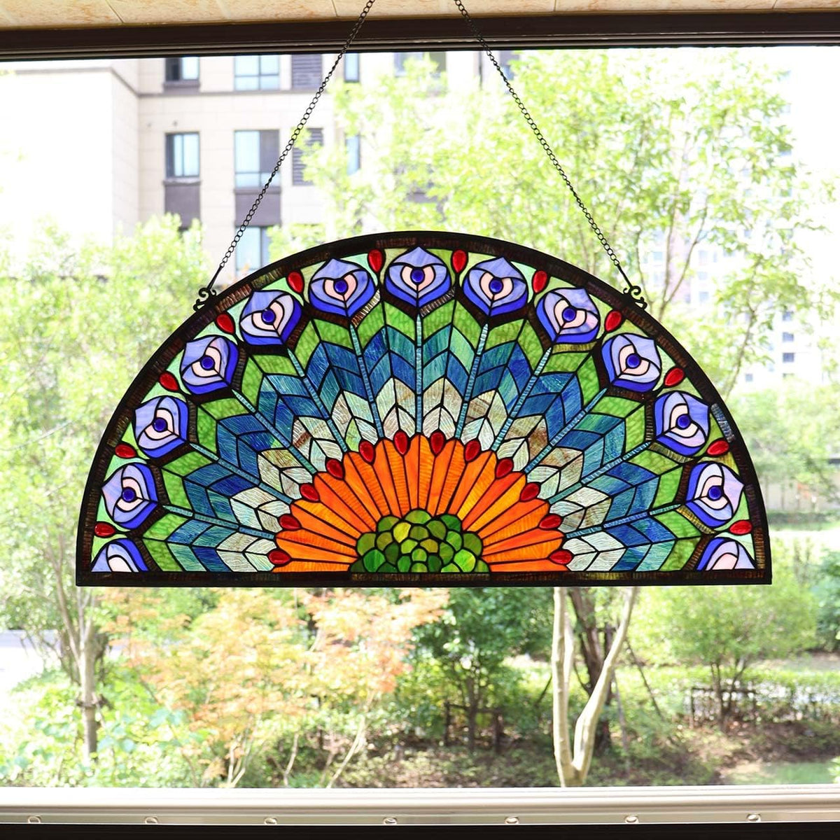 Bieye W10034 Peacock Feather Tiffany Style Stained Glass Window Panel Hangings with Chain, 36
