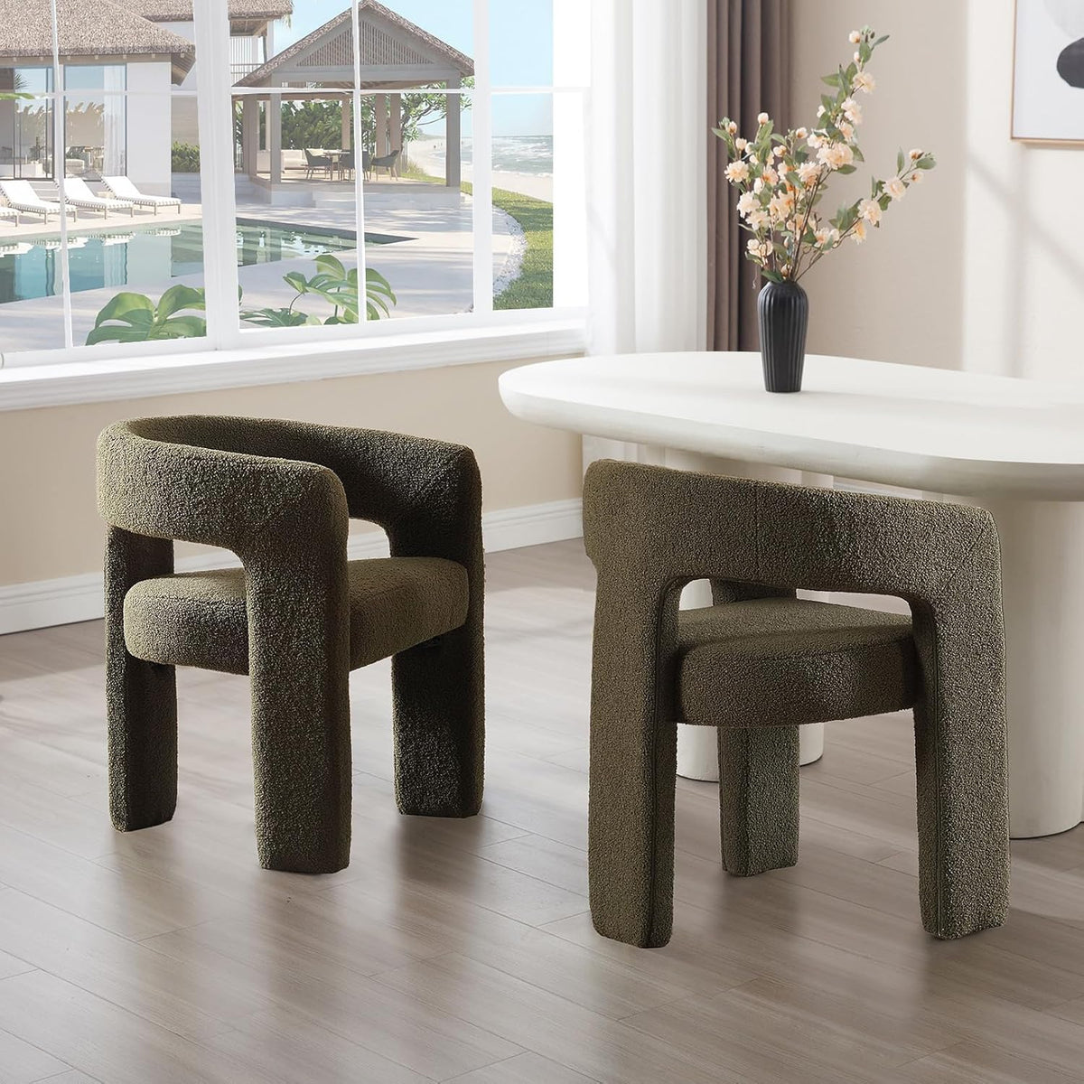 Green Sherpa Dining Chairs Set of 2, Modern Barrel Dining Room Chairs Upholstered Faux Fur Accent