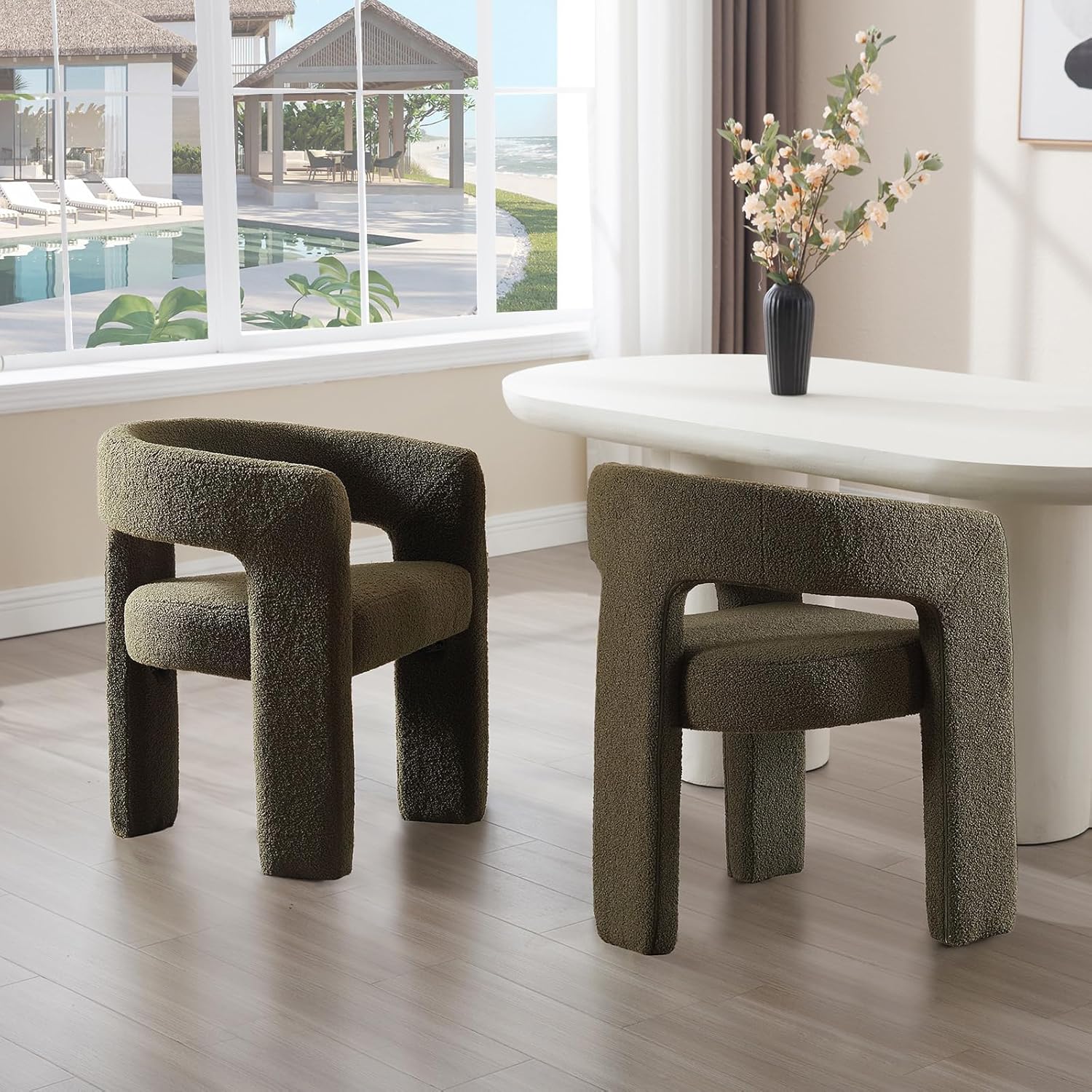 Green Sherpa Dining Chairs Set of 2, Modern Barrel Dining Room Chairs Upholstered Faux Fur Accent