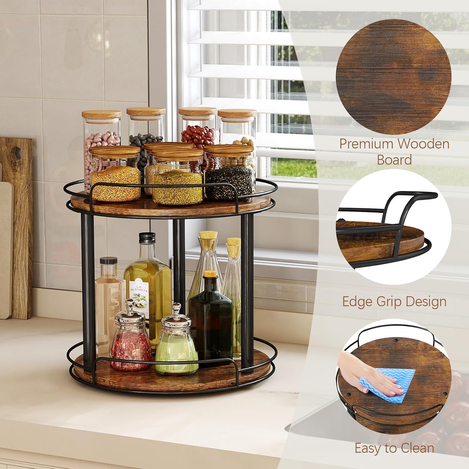 LAMU 10.2'' Wood Lazy Susan Turntable Organizer for Cabinet, 2 Tier Lazy Susan Spice Rack Organizer