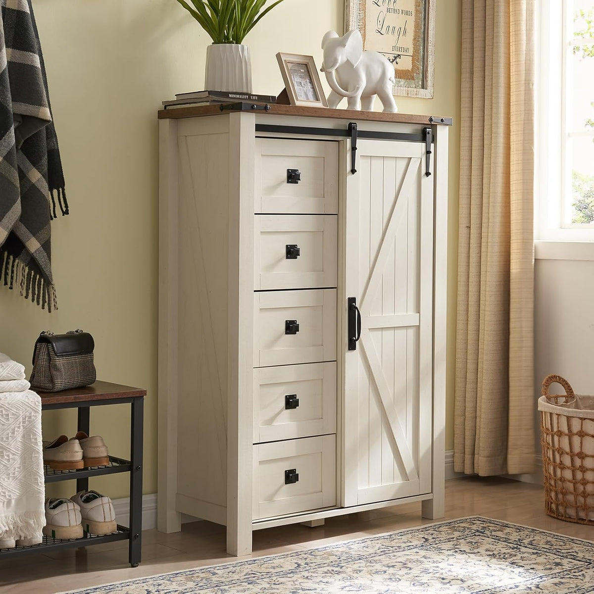 T4TREAM 5 Drawers Dresser for Bedroom w/Sliding Barn Door, Farmhouse Modern Tall Dresser 5 Chest of