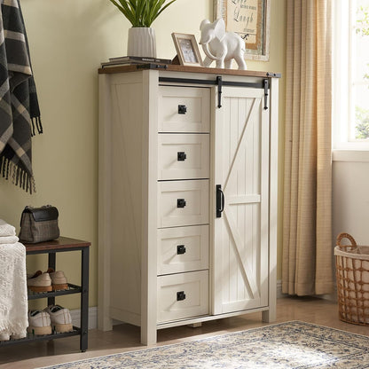 T4TREAM 5 Drawers Dresser for Bedroom w/Sliding Barn Door, Farmhouse Modern Tall Dresser 5 Chest of
