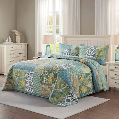 NEWLAKE Cotton Patchwork Bedspread, 3-Piece Bedding Quilt Set with Real Stitched Embroidery