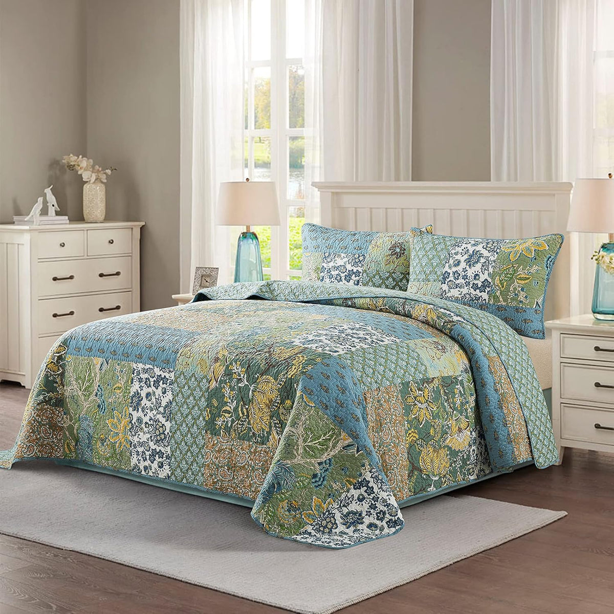 NEWLAKE Cotton Patchwork Bedspread, 3-Piece Bedding Quilt Set with Real Stitched Embroidery