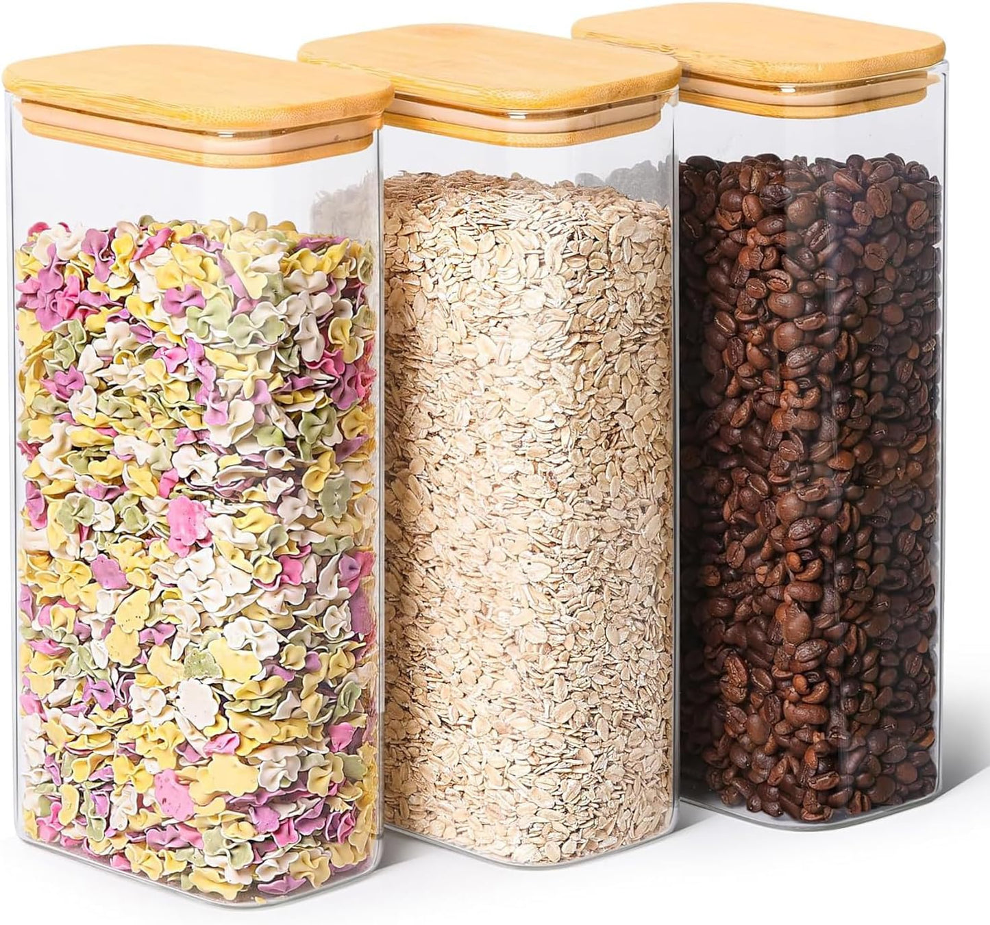 ComSaf 2 Qt Rectangle Glass Storage Containers with Lids, Glass Jars with Bamboo Lids, Clear Food