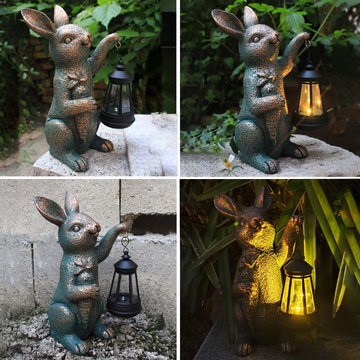 Solar Garden Statues -Rabbit Lantern Outdoor Handmade Resin Statue with LED Light, Cute Carrot