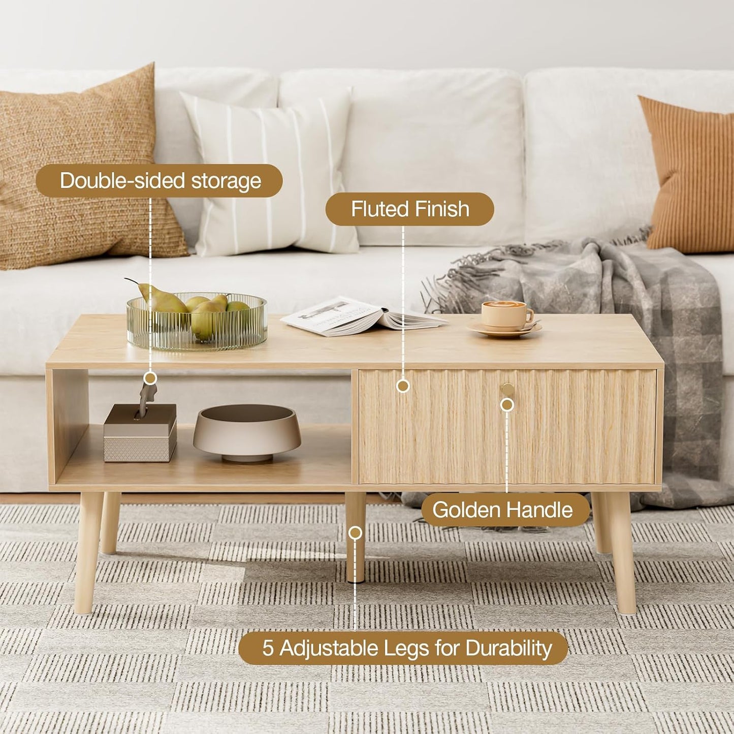 Coffee Table with Storage, Boho Dining Table with Fluted Drawer and Solid Wood Legs, Small Coffee