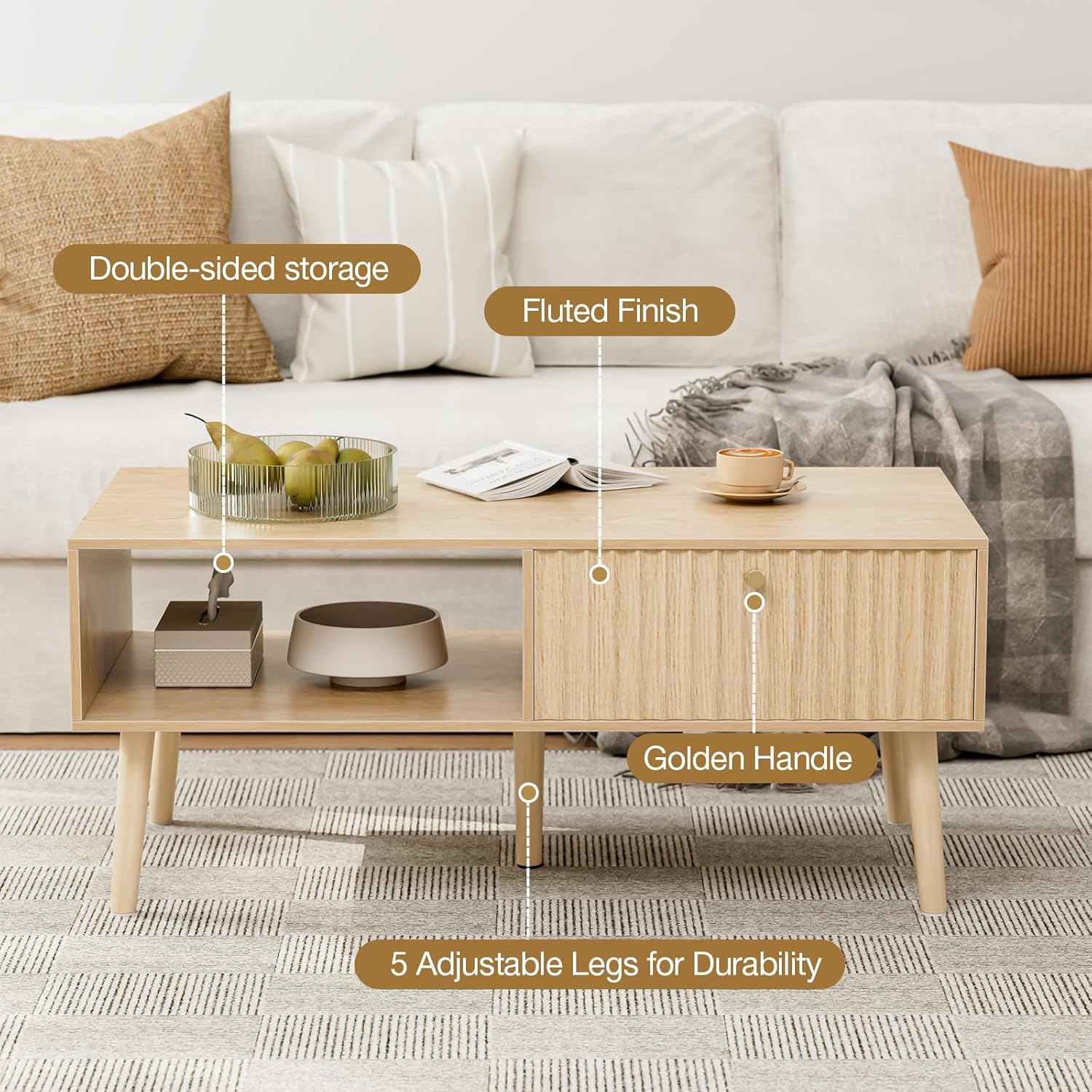 Coffee Table with Storage, Boho Dining Table with Fluted Drawer and Solid Wood Legs, Small Coffee