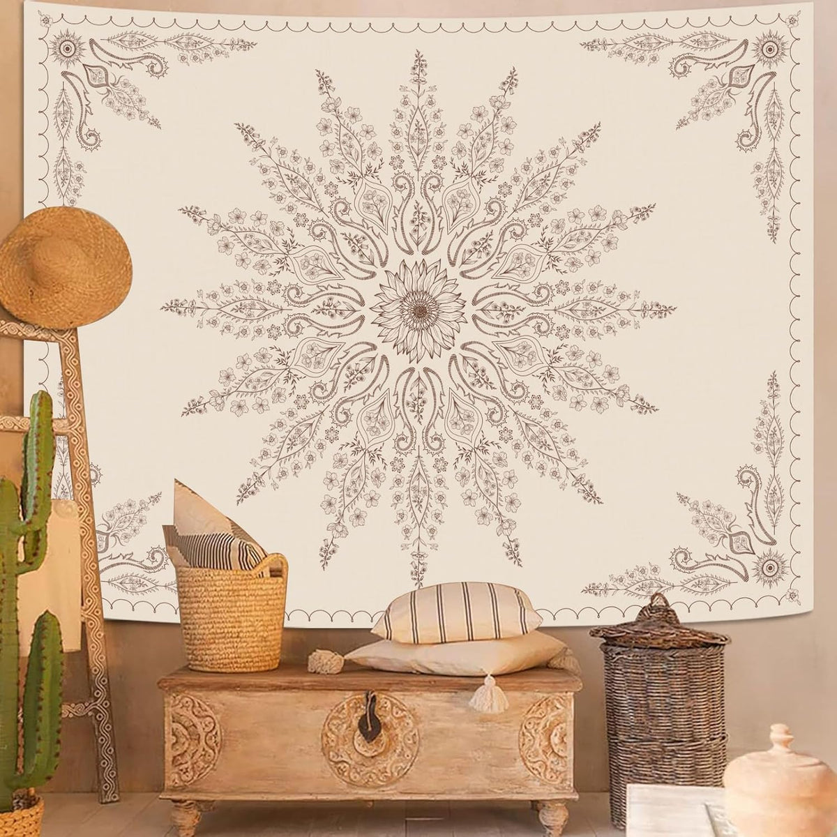 Fowocu Boho Floral Mandala Tapestry for Bedroom Aesthetic Bohemian Flower Wall Tapestry Beige