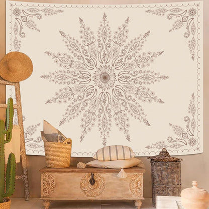 Fowocu Boho Floral Mandala Tapestry for Bedroom Aesthetic Bohemian Flower Wall Tapestry Beige