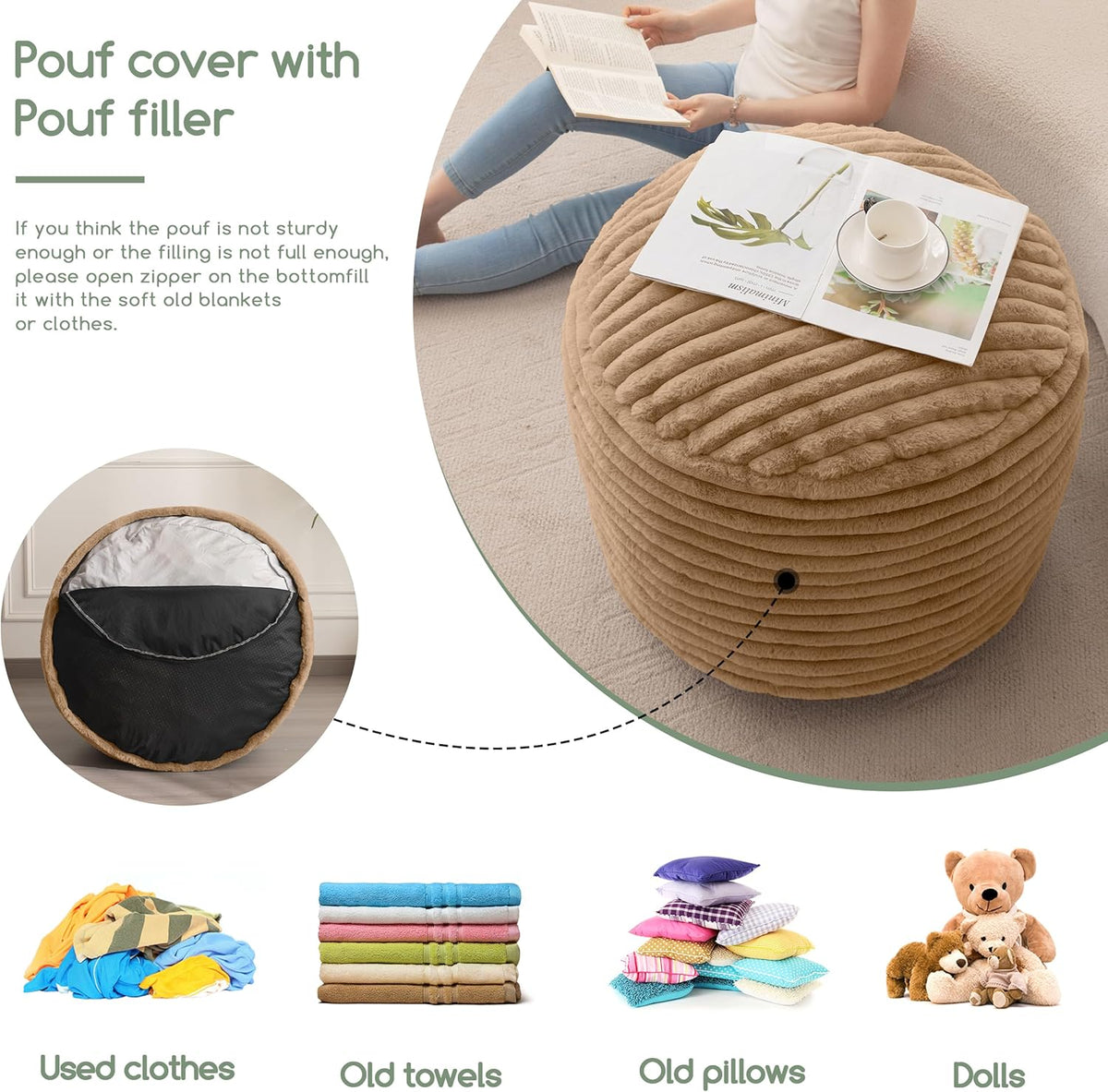 HIGOGOGO Round Stuffed Pouf Ottoman, Stripe Faux Fur Poufs with Foam Chunk Filling, Furry and