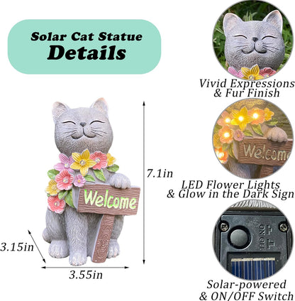 Solar Cat Garden Statue for Outdoor Decor, Cat Solar Light with Flowers, Resin Welcome Cats for