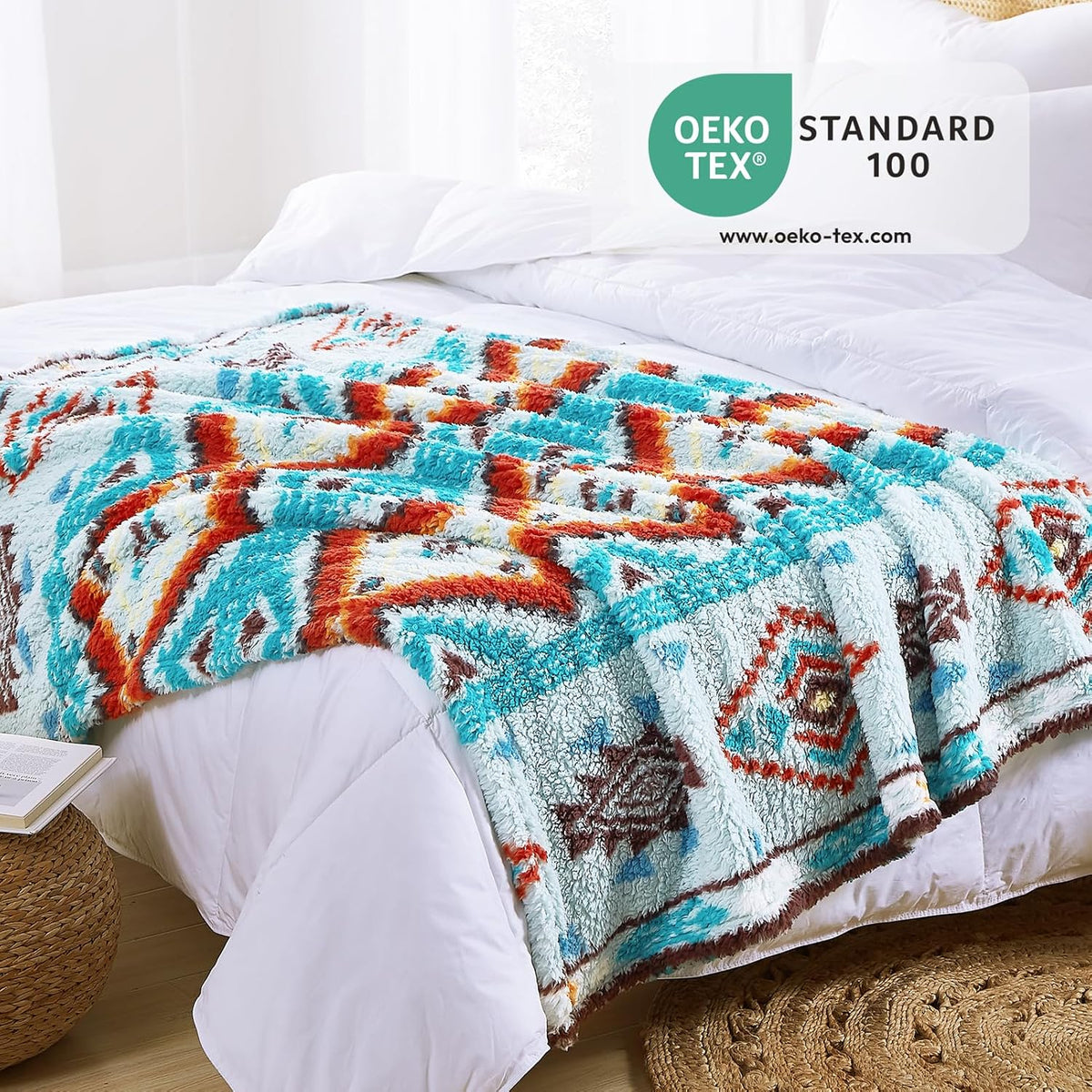 CASAAGUSTO Boho Sherpa Throw Blanket, Aztec King Size Blanket, Ultra Soft, Warm, Cozy, Plush, Thick