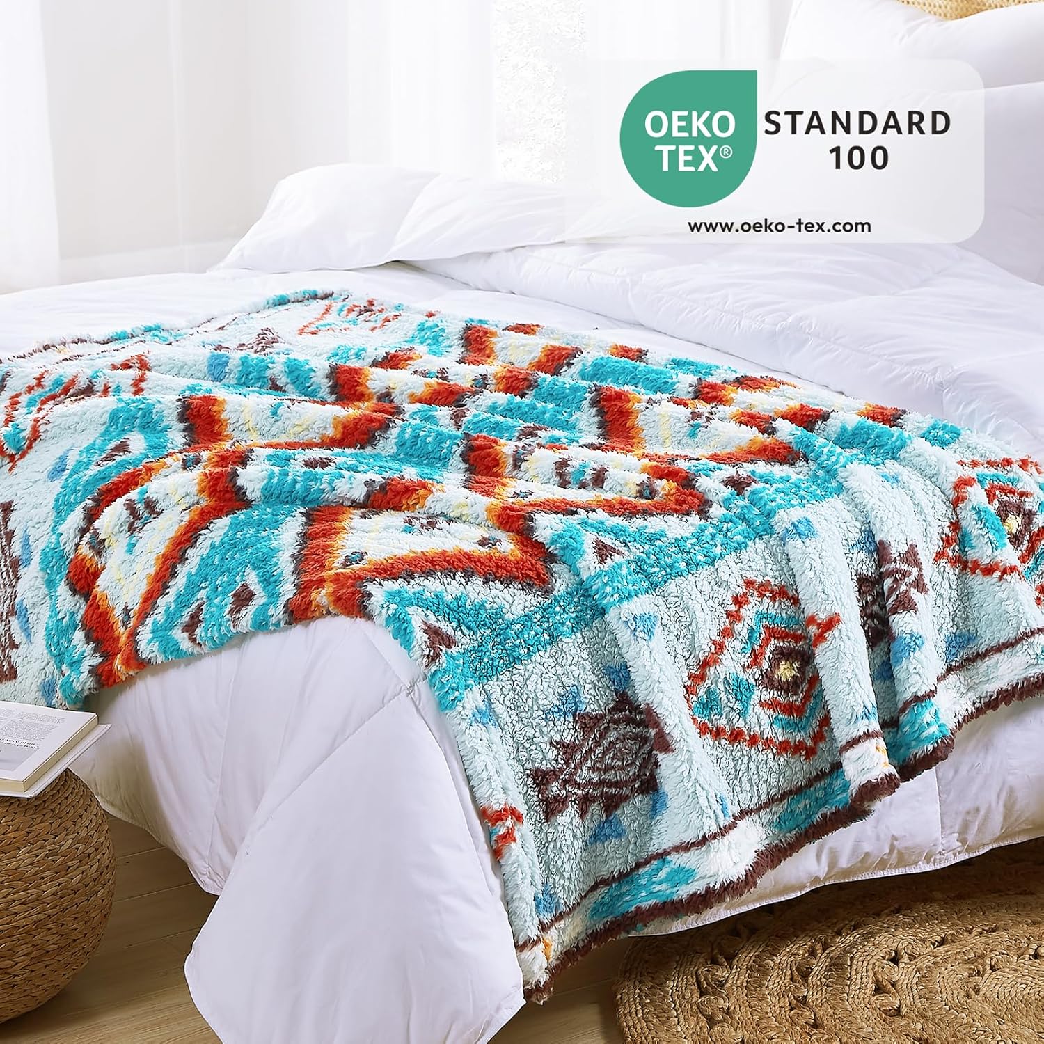 CASAAGUSTO Boho Sherpa Throw Blanket, Aztec King Size Blanket, Ultra Soft, Warm, Cozy, Plush, Thick