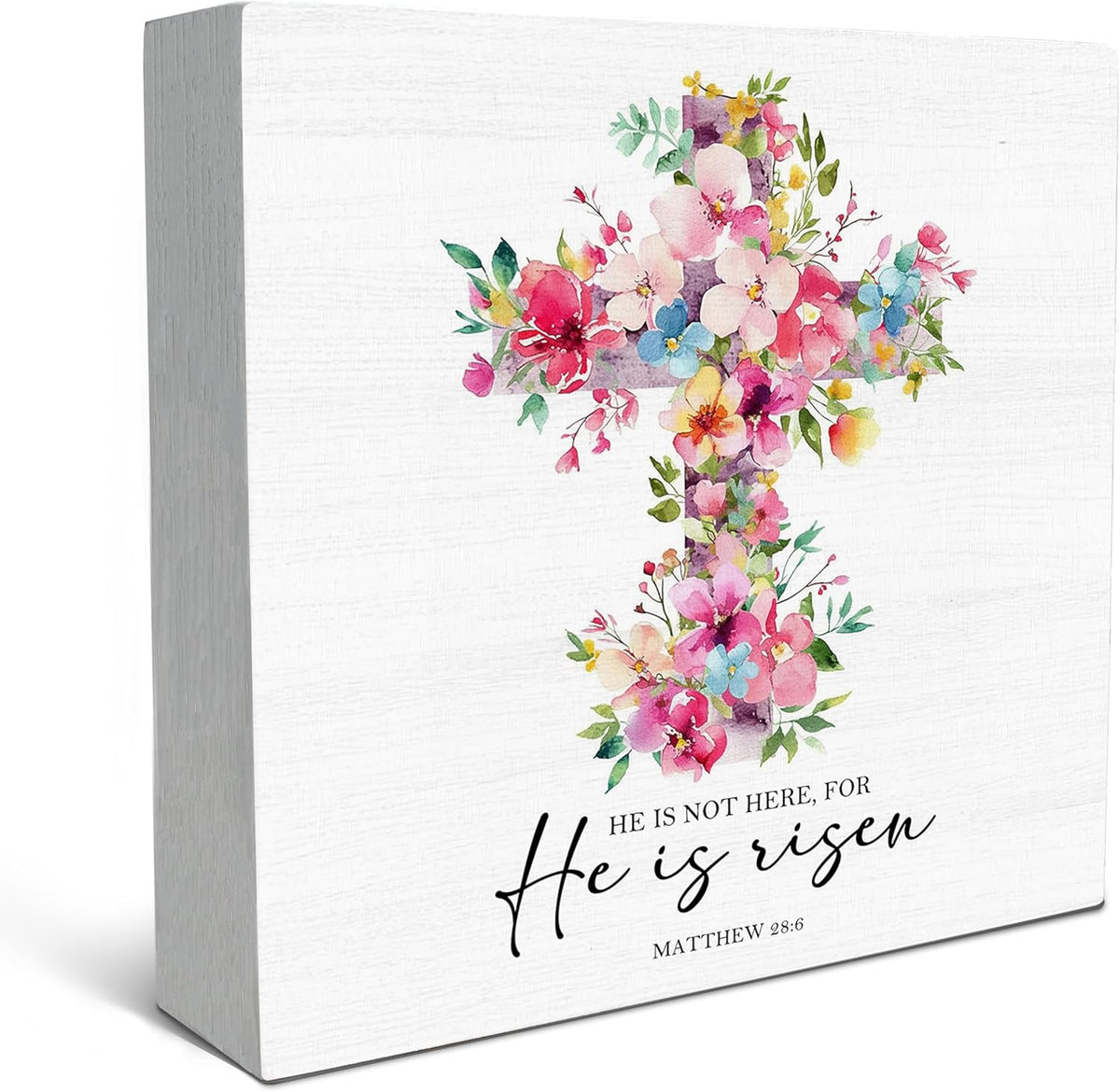 SRADMO He Is Risen Sign, Floral Cross Easter Christian Wood Box Sign Desk Decor, Christian Easter