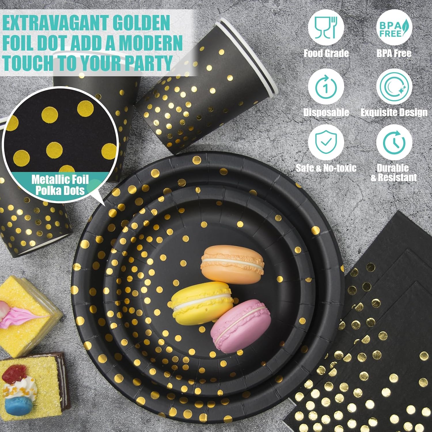 Black and Gold Party Supplies, 350PCS Disposable Dinnerware Set Inclueds Black Gold Dot Paper