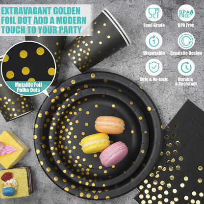 Black and Gold Party Supplies, 350PCS Disposable Dinnerware Set Inclueds Black Gold Dot Paper