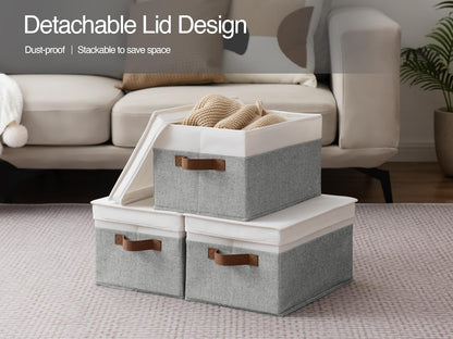 StorageWorks Large Storage Bins with Lids, Decorative Storage Boxes with Lid and PU Handles