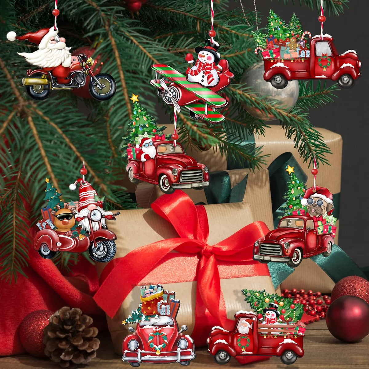 Wooden Christmas Truck Ornaments Red Truck Wooden Hanging Ornaments Wooden Car Crafts with Bead