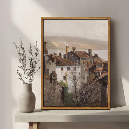 Floating Framed Vintage Canvas Wall Art, European Country Towns Wall Decor Oil Paintings Artwork
