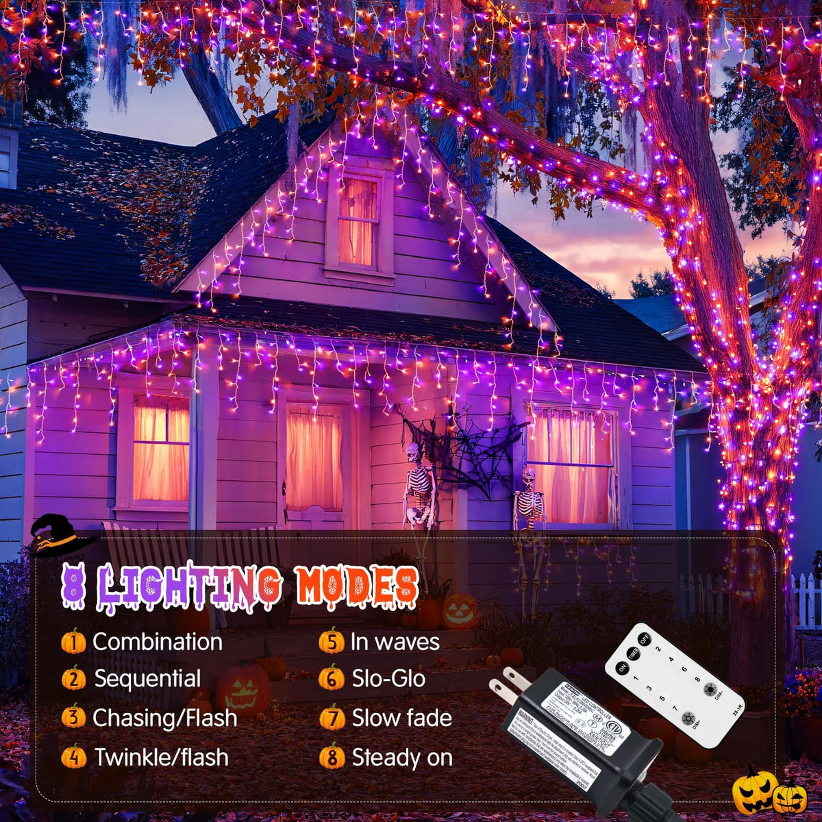 JMEXSUSS 400 LED Orange and Purple Halloween Lights Outdoor, 38.8 FT Orange and Purple Icicle Light