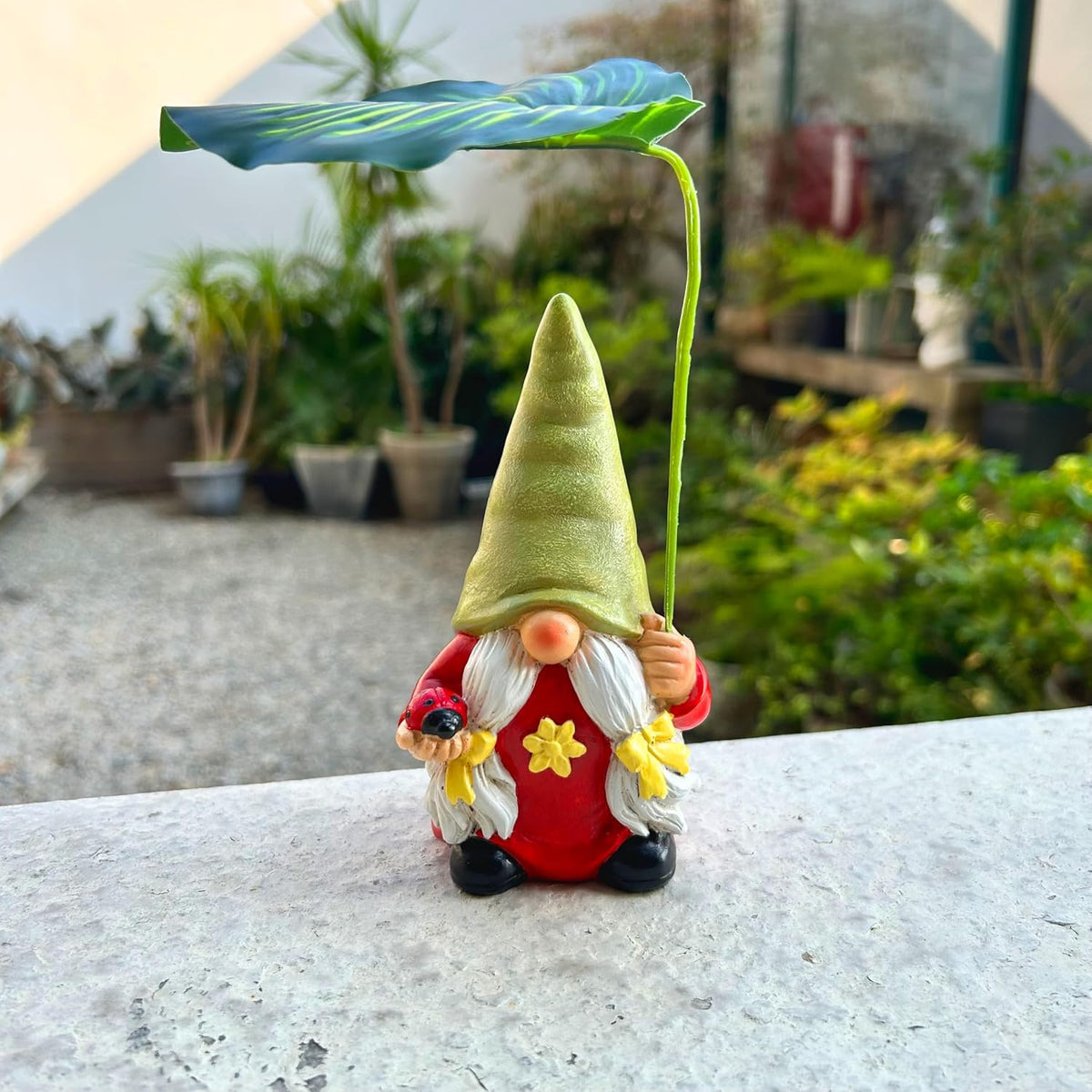 Garden Female Gnome Statue Decoration with Leaf Umbrella, 6.5” Figurine Ornament for Indoor Outdoor