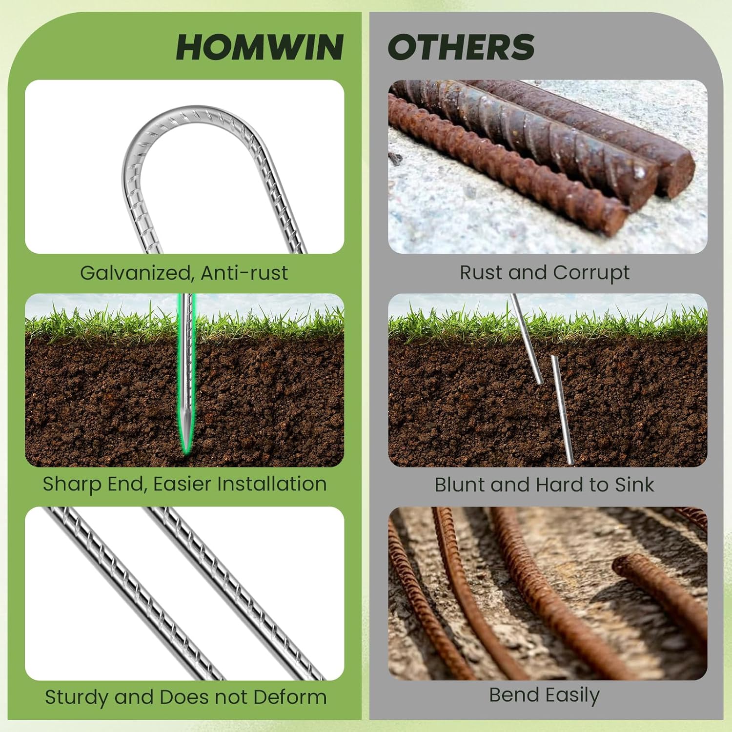 12 inches Tent Stakes Heavy Duty 34-Pack, 5/16" Diameter J Hook Fence Stakes Rebar Ground Stake for
