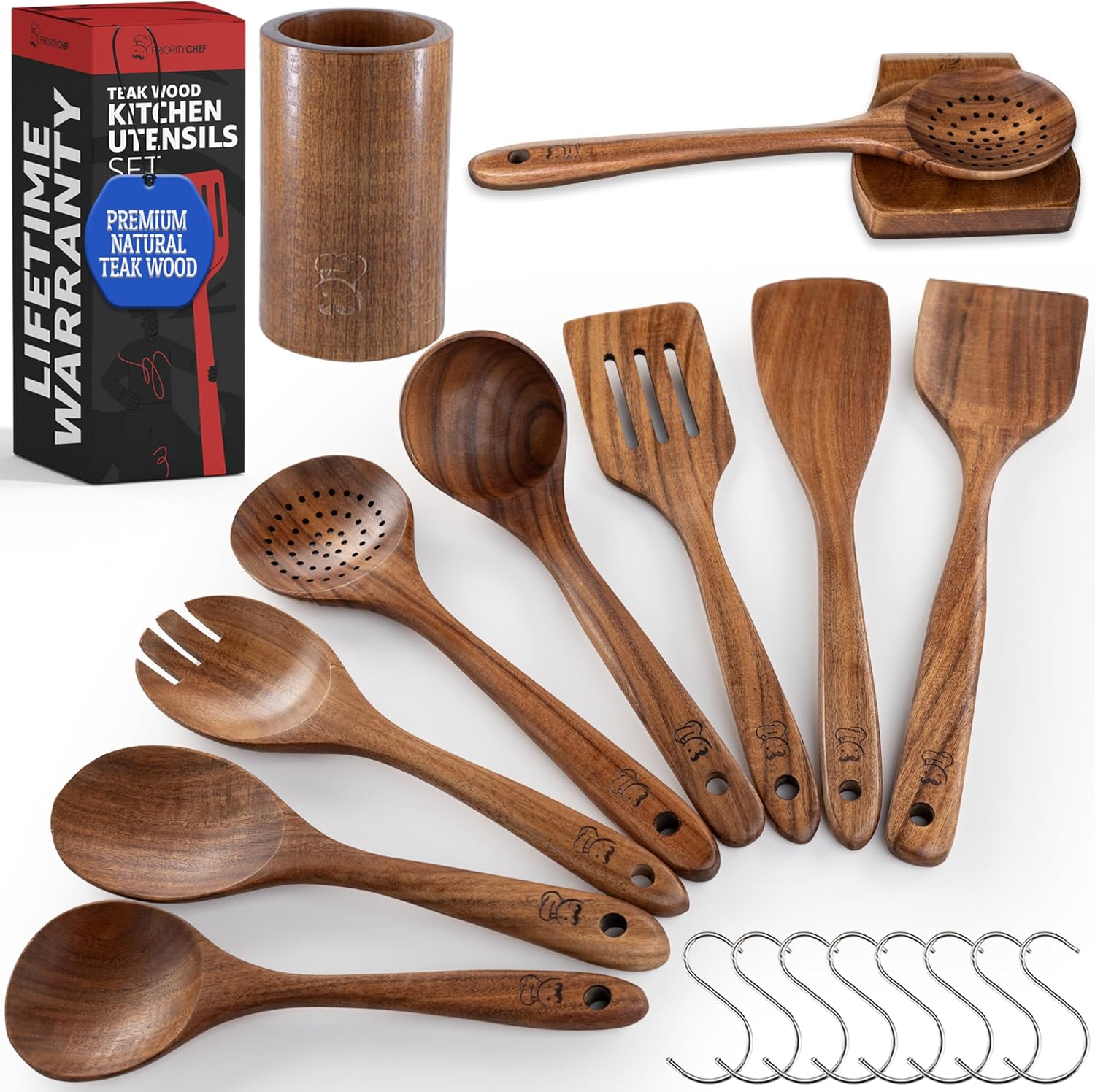 PriorityChef Premium Wooden Spoons for Cooking - 8pc with Utensil Holder, Spoon Rest and Hanging