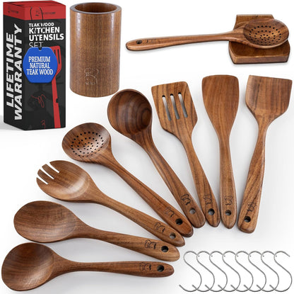 PriorityChef Premium Wooden Spoons for Cooking - 8pc with Utensil Holder, Spoon Rest and Hanging