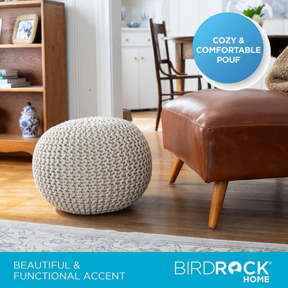 BIRDROCK HOME Round Pouf Ottoman | Cotton Braided Foot Stool with Bean Bag Filling | Boho Foot Rest