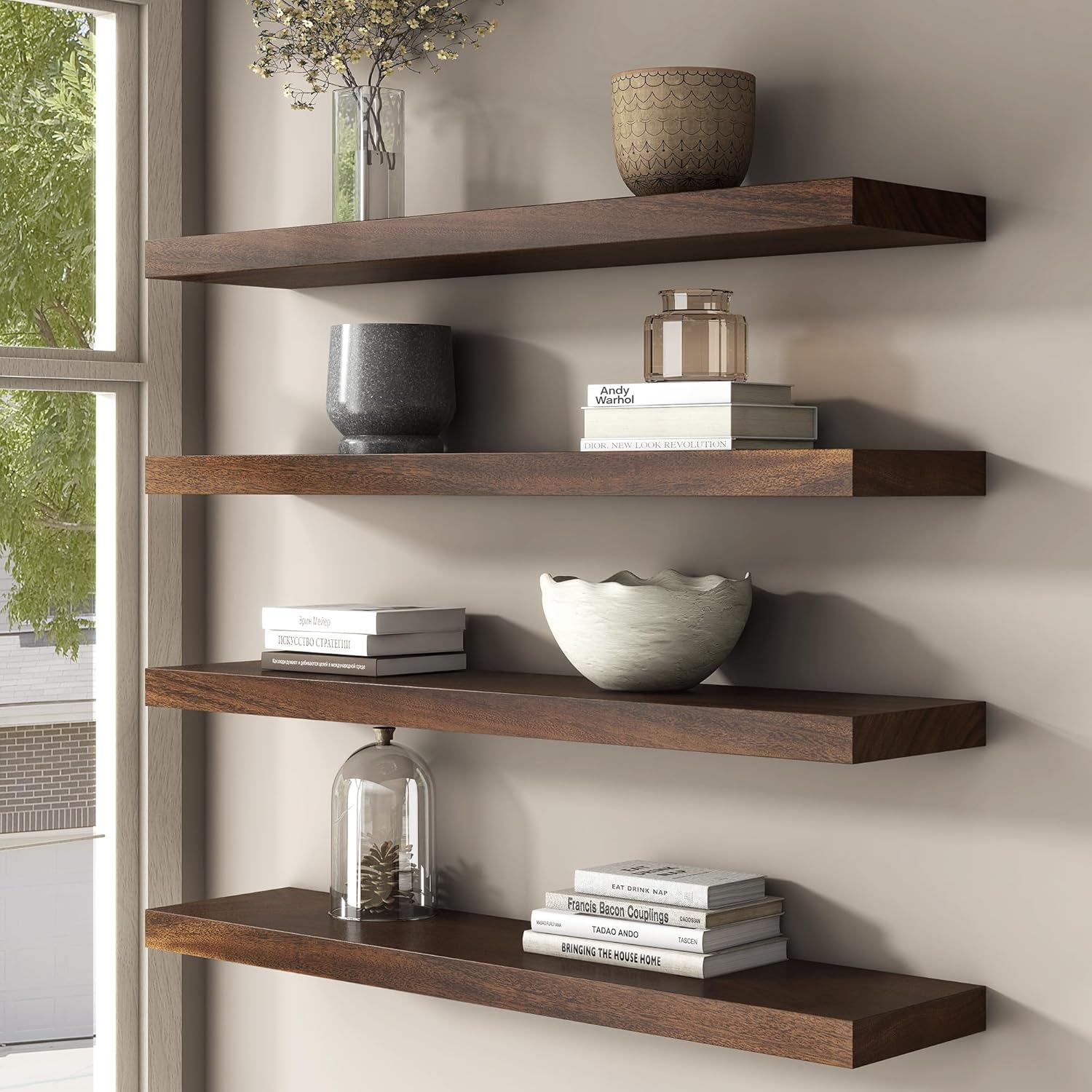 Floating Shelves for Wall, USA-Sourced Walnut Wood 36 Inch Long Wall Shelves Set of 2, Natural