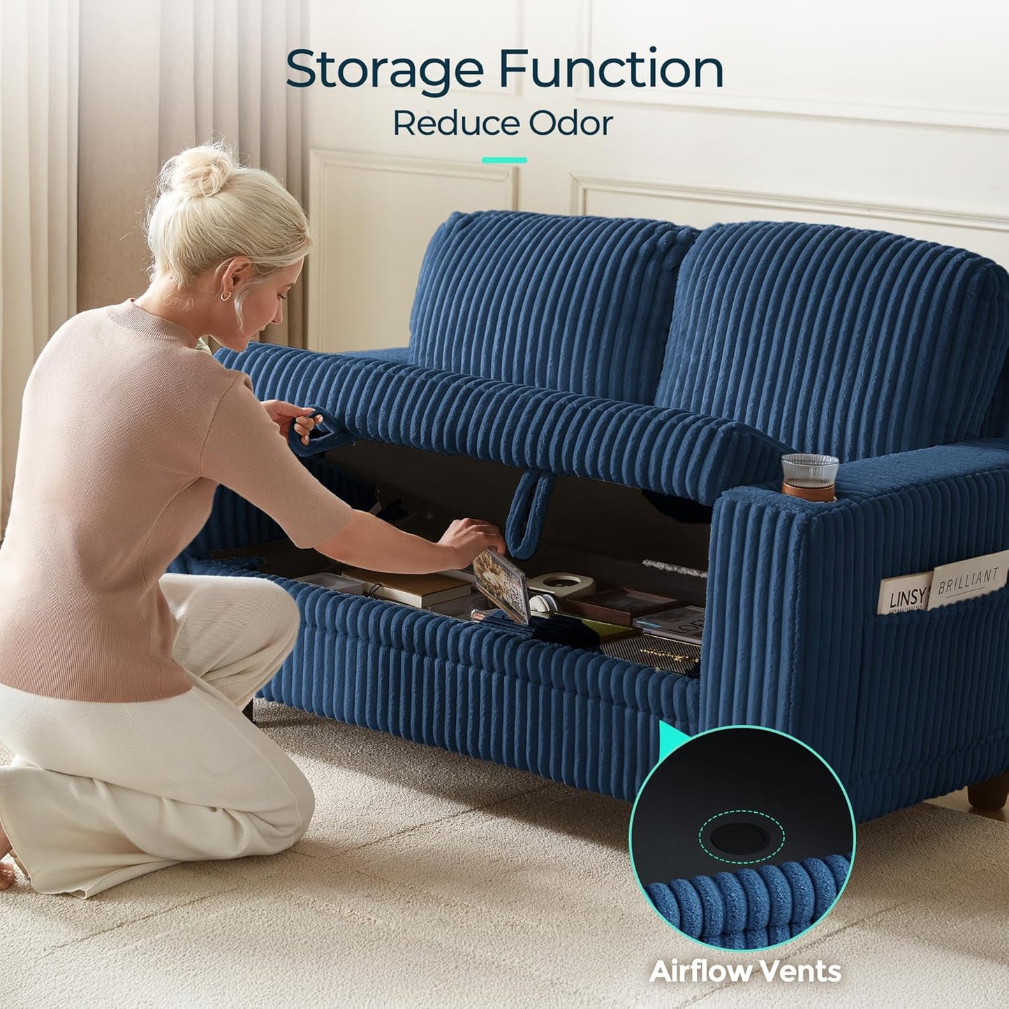 LINSY HOME Loveseat Sofa with Storage - Comfy Plush Corduroy 2 Seater Sofa with USB Charging & Cup