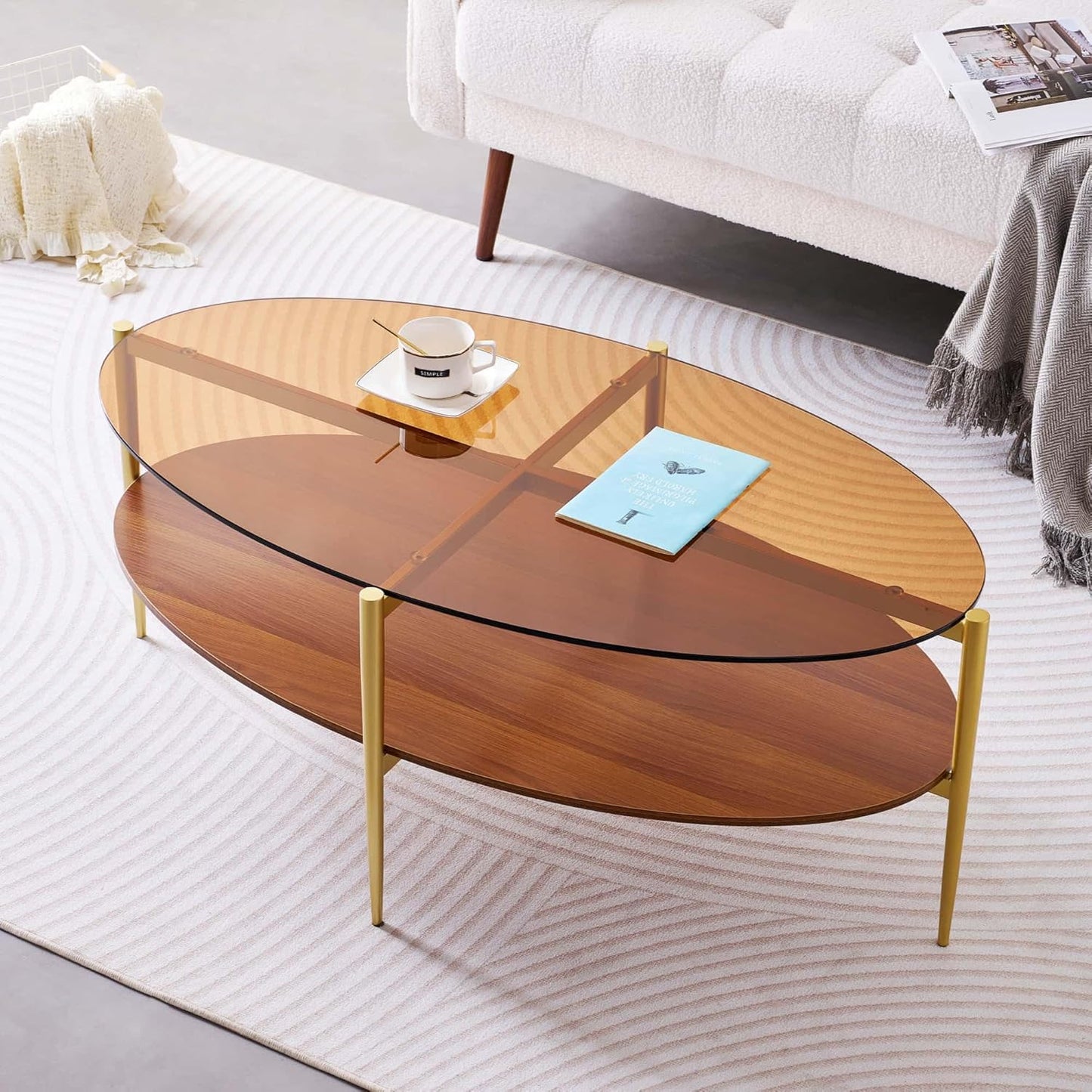 Oval Glass Coffee Table, Mid-Century Modern Design, L43 x W22 x H17 inch, 2-Tier Structure, Olive