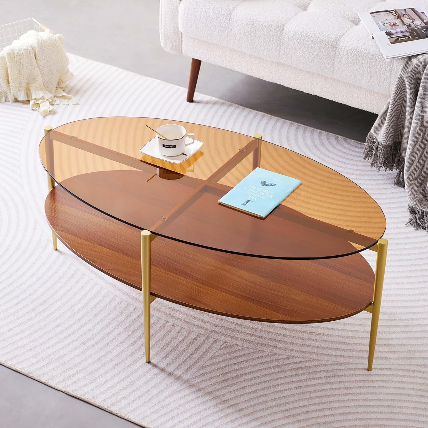 Oval Glass Coffee Table, Mid-Century Modern Design, L43 x W22 x H17 inch, 2-Tier Structure, Olive
