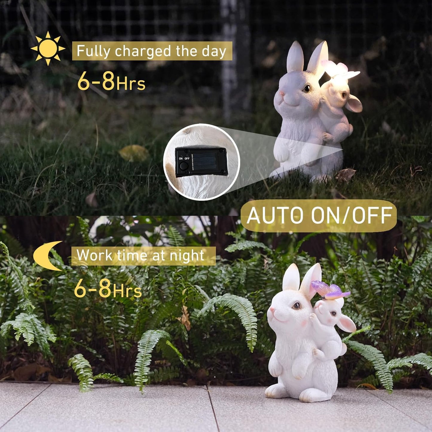 Solar Garden Statues Rabbit with Solar Lights,Mother&Baby Bunny Figurine with Butterfly Changing