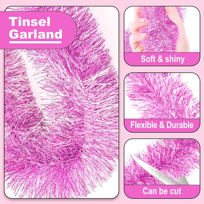 Macaron Pink Metallic Twist Tinsel Garland - 50ft x 2in Wall Hanging Backdrop for Christmas Eve