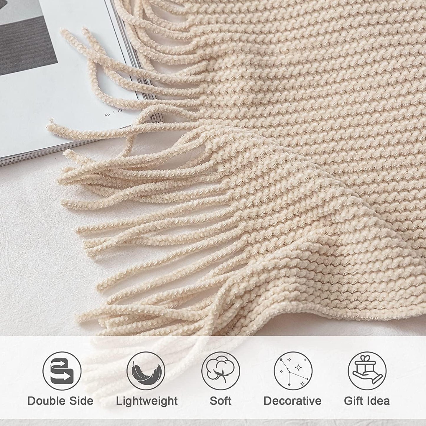 lifein Throw Blanket for Couch, Soft Boho Decor Bed Throw,Cozy White Chenille Knitted Small