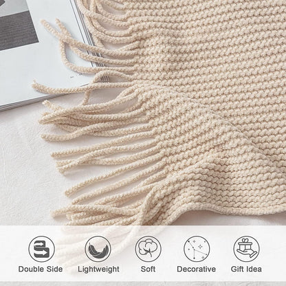 lifein Throw Blanket for Couch, Soft Boho Decor Bed Throw,Cozy White Chenille Knitted Small