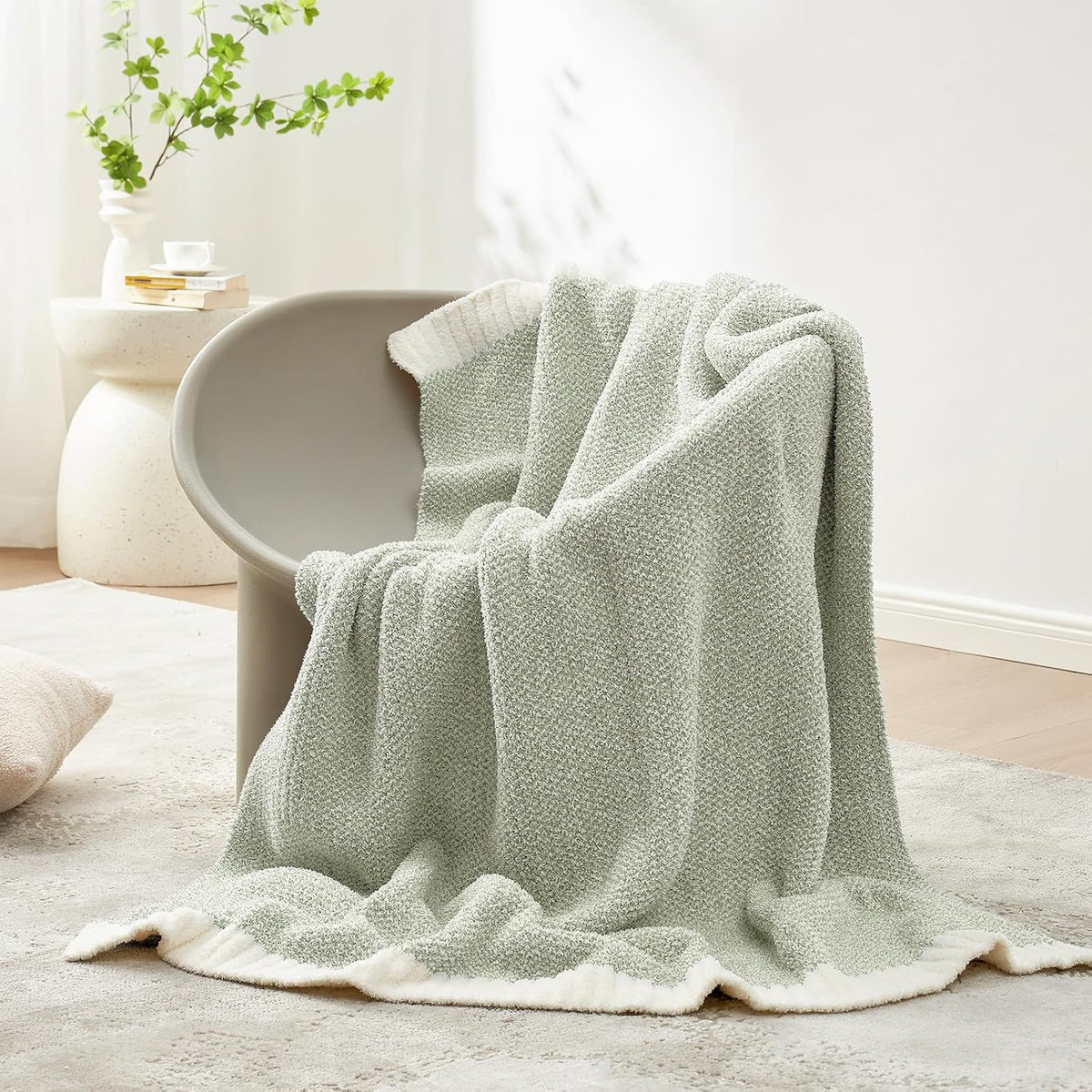 Snuggle Sac Heather Sage Green Throw Blanket for Couch, Reversible Super Soft Knitted Blankets Warm
