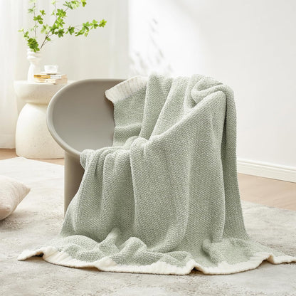 Snuggle Sac Heather Sage Green Throw Blanket for Couch, Reversible Super Soft Knitted Blankets Warm