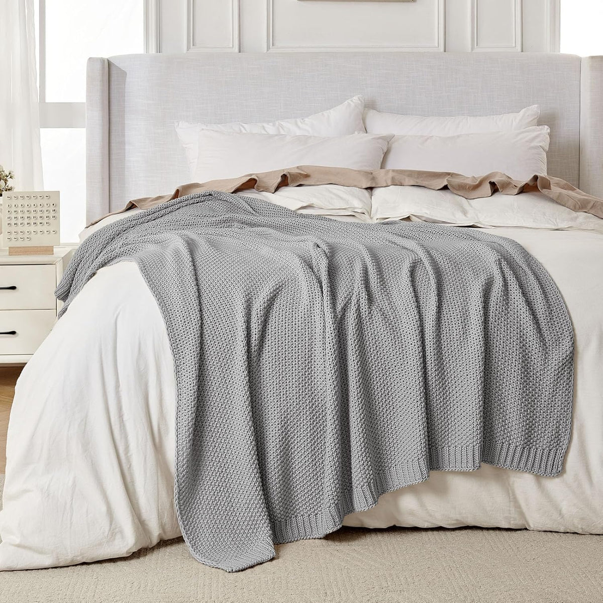 Joydeco Chunky Cable Knit Throw Blanket, Lightweight 100% Cotton Soft Cozy Throw Twin Blanket for
