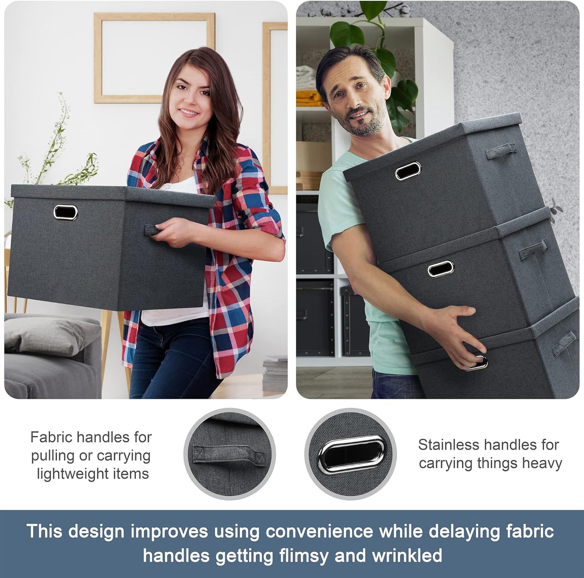 Medium 15" 21 Quart Collapsible Stackable Storage Bins with Lids, 5 Packs Dark Gray Foldable Fabric