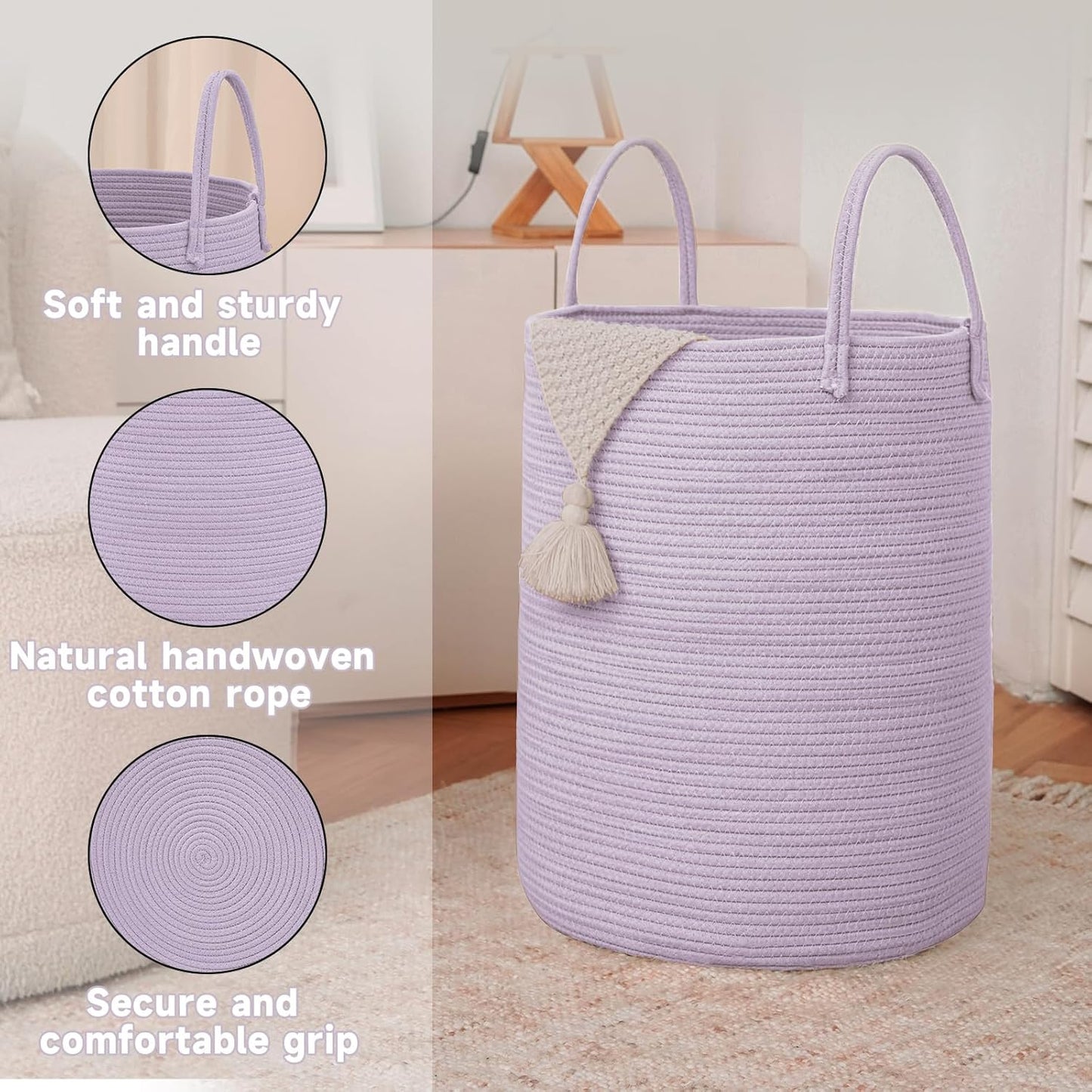 Large Woven Laundry Basket Hamper,100L Cotton Rope Storage Bin for Blankets,Toys and