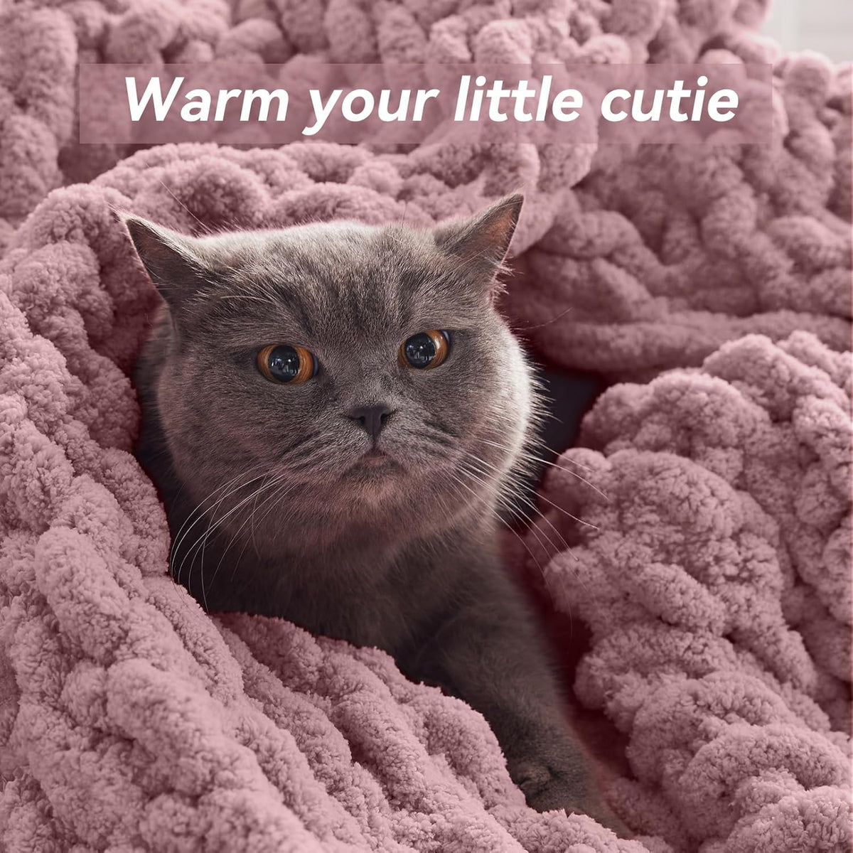 Chunky Knit Throw Blanket, 30''*40'' Knitted Throw Chenille Yarn for Bed Couch, Handmade Muted Pink