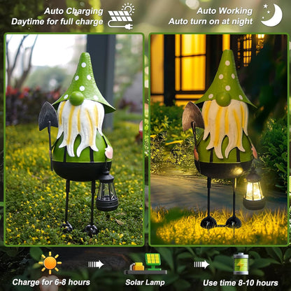 HONGLAND Solar Metal Gnome Yard Art -18 Inch Garden Gnomes Statues Outdoor Decor with Solar Lantern
