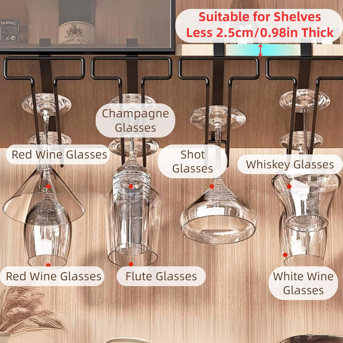 LINFIDITE Wine Glass Holder 2PCS Stemware Rack Hanger Under Cabinet Wine Glass Rack Kitchen Hanging